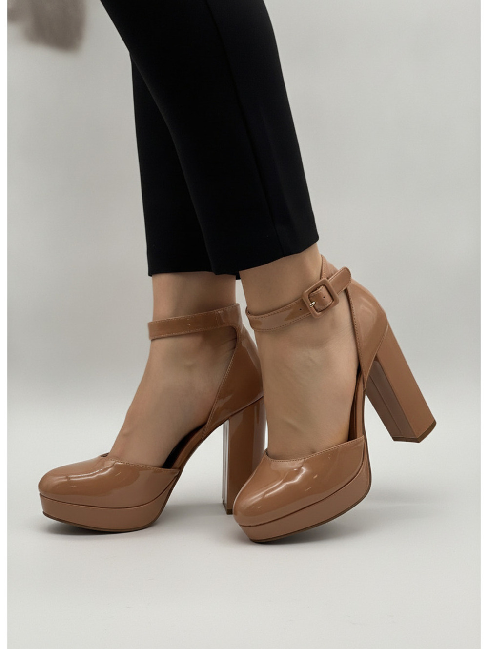 SUN + STONE Women's Nude Patent Leather Platform Block Heel